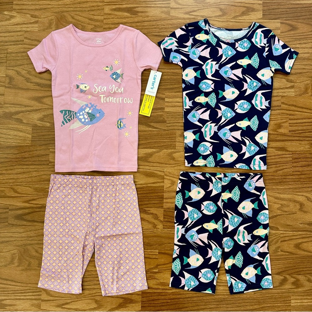 Carter’s 4pc 100% Cotton Pajamas Set Girls 8 8A Short Sleeve Fish Summer NWT!
